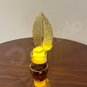 Golden Plain Leaf Candle Holder With Candle